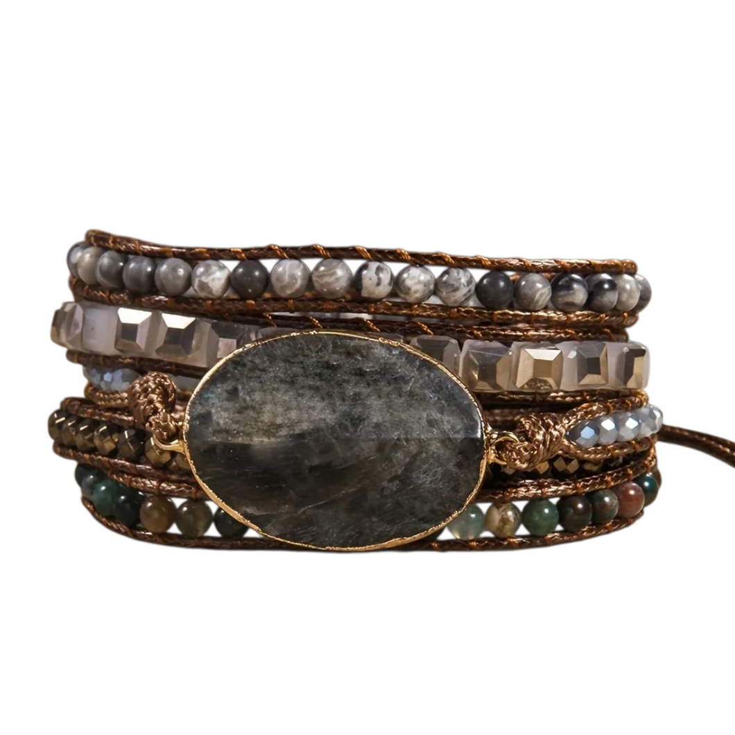 Labradorite 2 Gemstone Leather Wrap Bracelet