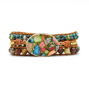 Mardi Gras Jasper Gemstone Leather Wrap Bracelet