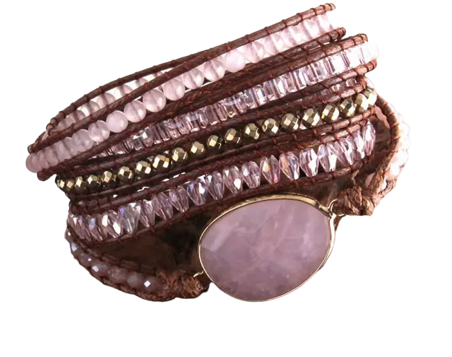 Rose Quartz Gemstone Leather Wrap Bracelet