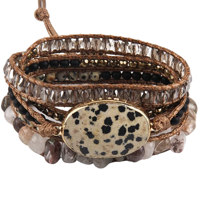 Dalmation Jasper Gemstone Leather Wrap Bracelet