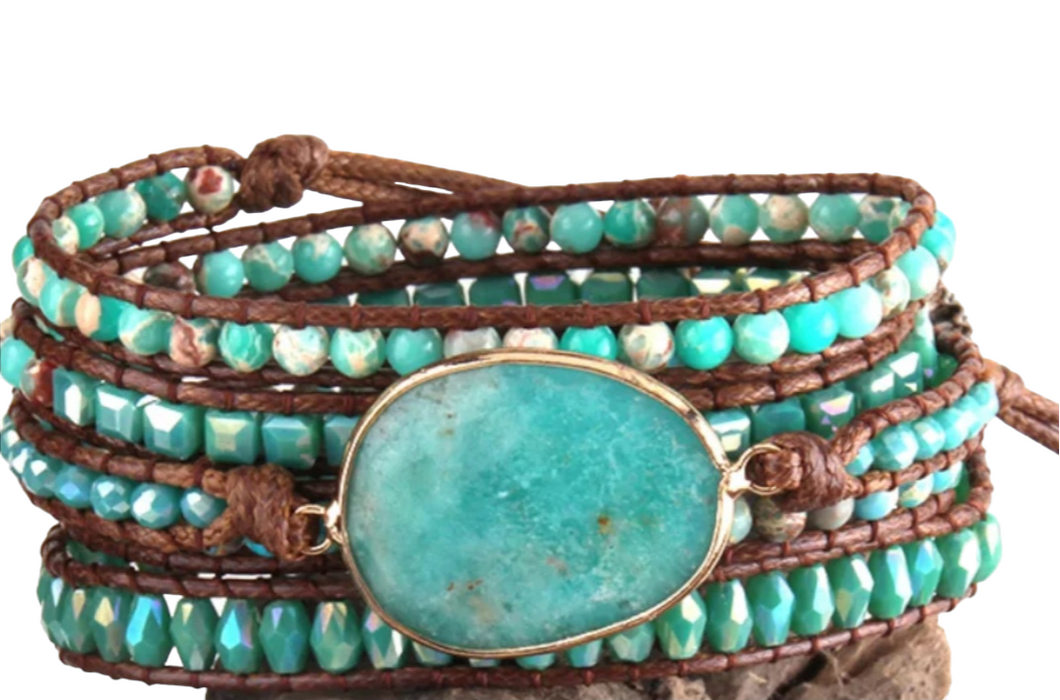 Amazonite #2 Gemstone Leather Wrap Bracelet