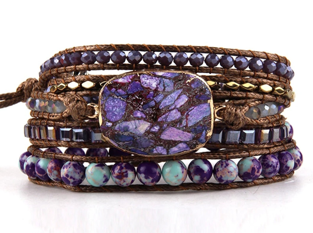 Purple Turquoise Gemstone Leather Wrap Bracelet