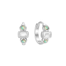 Sterling Silver Rect Crystal and Opal Hoop Earrings