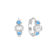 Sterling Silver Rect Crystal and Opal Hoop Earrings