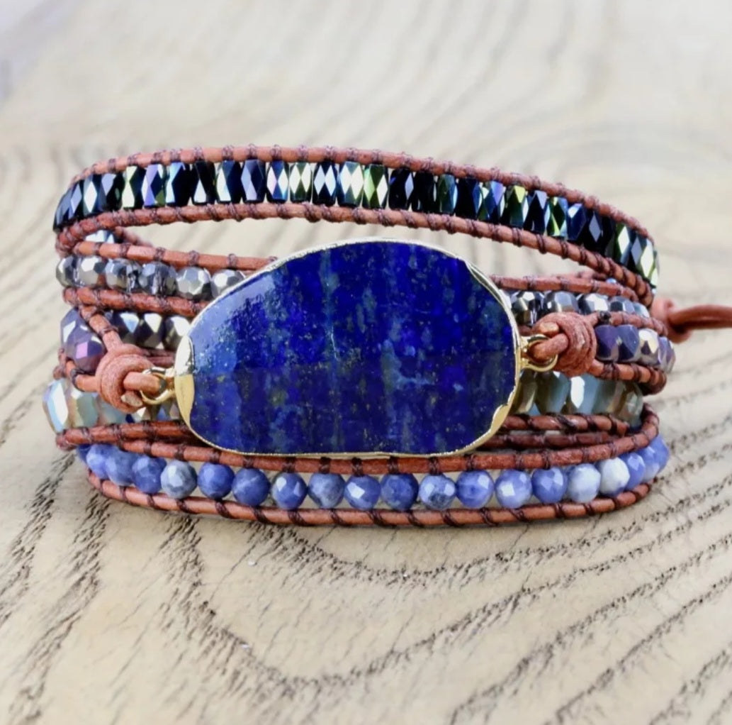 Lapis Gemstone Leather Wrap Bracelet